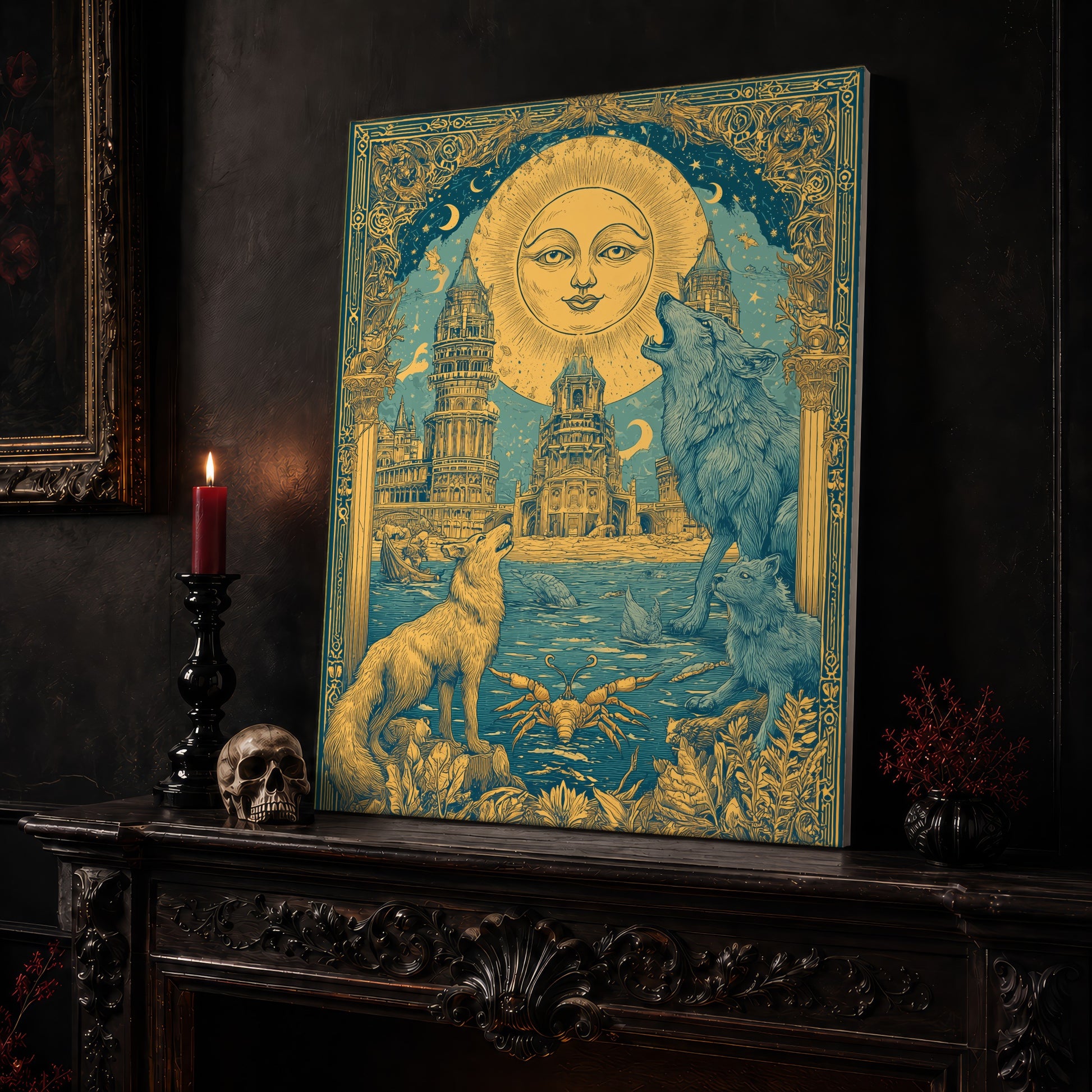 The Sunken Court poster canvas leaning on a dark carved mantel beside a lit dark red taper in a black candlestick, a bone-coloured skull, and a small black vase of red berry sprigs, with a gilt-framed painting on the wall alongside.