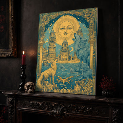 The Sunken Court poster canvas leaning on a dark carved mantel beside a lit dark red taper in a black candlestick, a bone-coloured skull, and a small black vase of red berry sprigs, with a gilt-framed painting on the wall alongside.