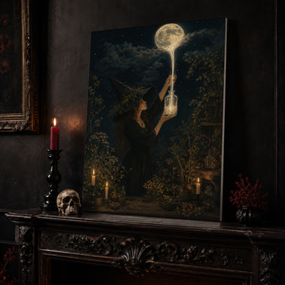 Moonfall lunar alchemy canvas leaning on a dark carved mantel beside a lit dark red taper in a black candlestick and a bone-coloured skull, with a gilt-framed painting on the wall alongside.