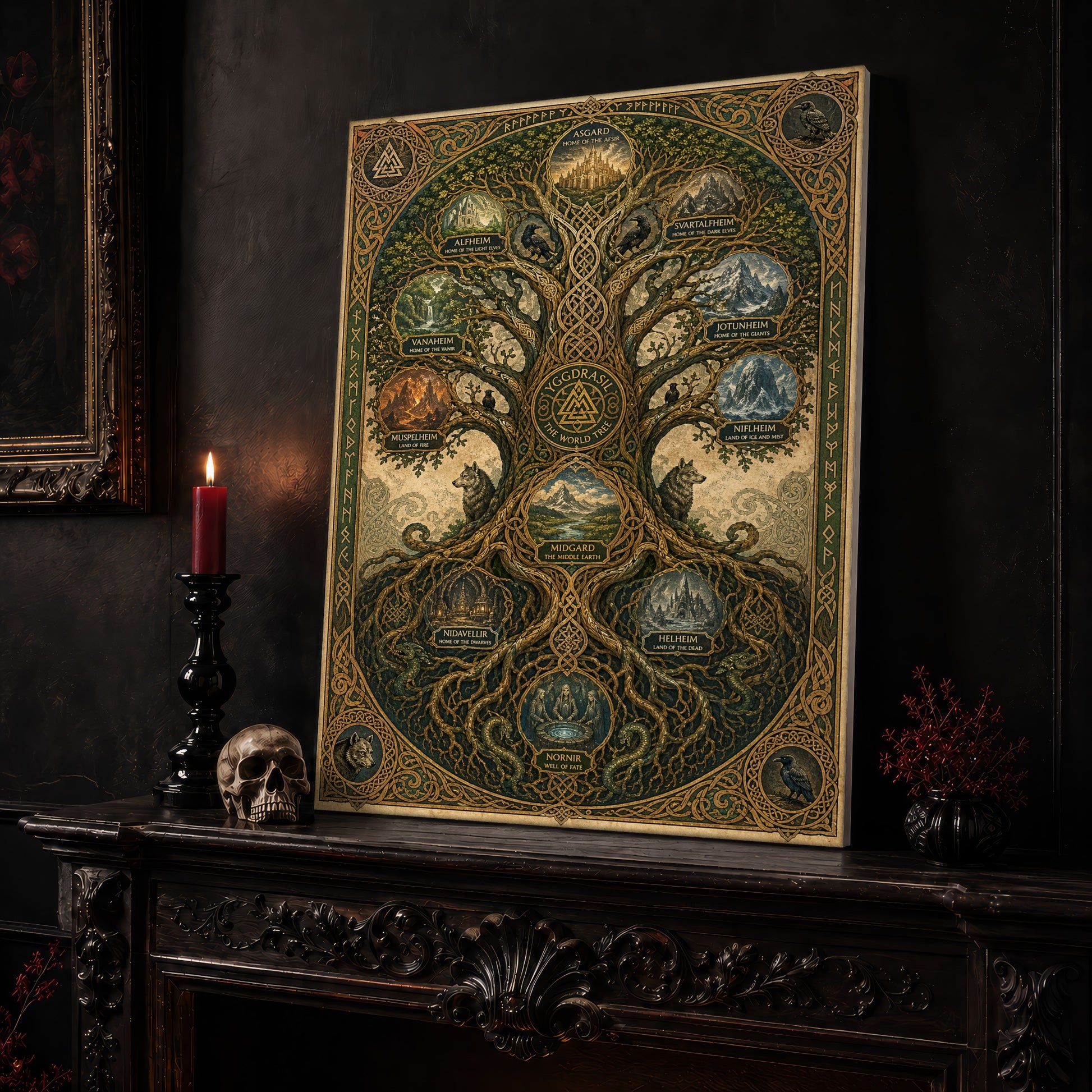 The Nine Realms canvas leaning on a dark carved mantel beside a lit dark red taper in a black candlestick, a bone-coloured skull, and a small black vase of red berry sprigs, with a gilt-framed painting on the wall alongside.