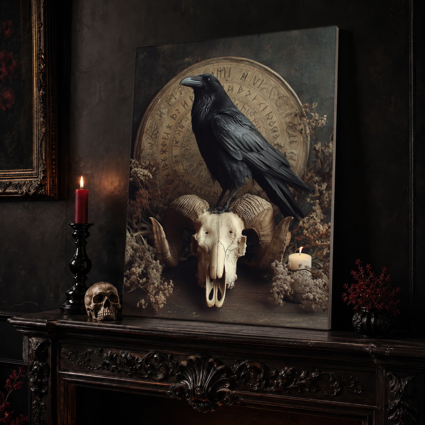  Hrafn still life canvas leaning on a dark carved mantel beside a lit dark red taper in a black candlestick, a bone-coloured skull, and a small black vase of red berry sprigs, with a gilt-framed painting on the wall alongside.