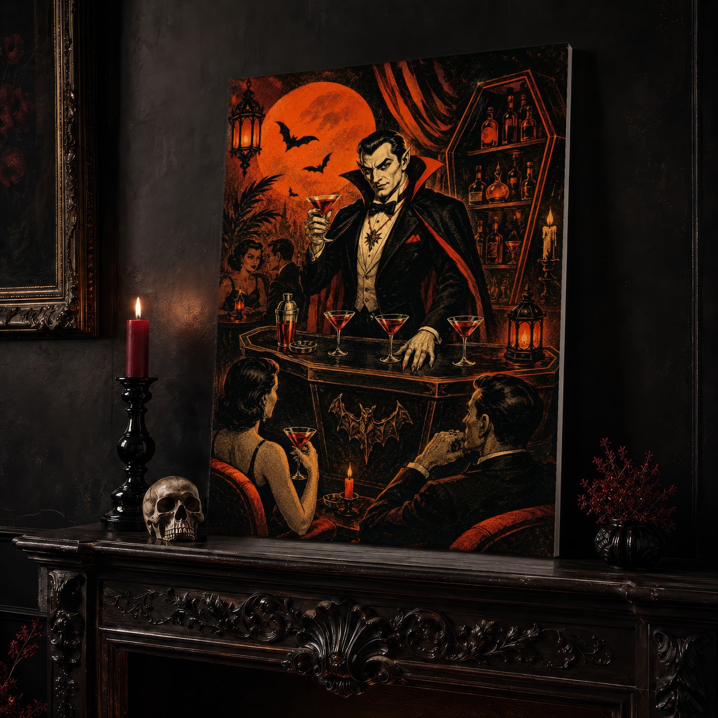 Shaken Not Staked canvas leaning on a dark carved mantel beside a lit dark red taper in a black candlestick, a bone-coloured skull, and a small black vase of red berry sprigs, with a gilt-framed painting on the wall alongside.