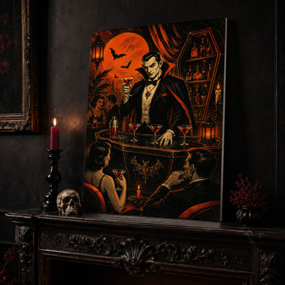 Shaken Not Staked canvas leaning on a dark carved mantel beside a lit dark red taper in a black candlestick, a bone-coloured skull, and a small black vase of red berry sprigs, with a gilt-framed painting on the wall alongside.