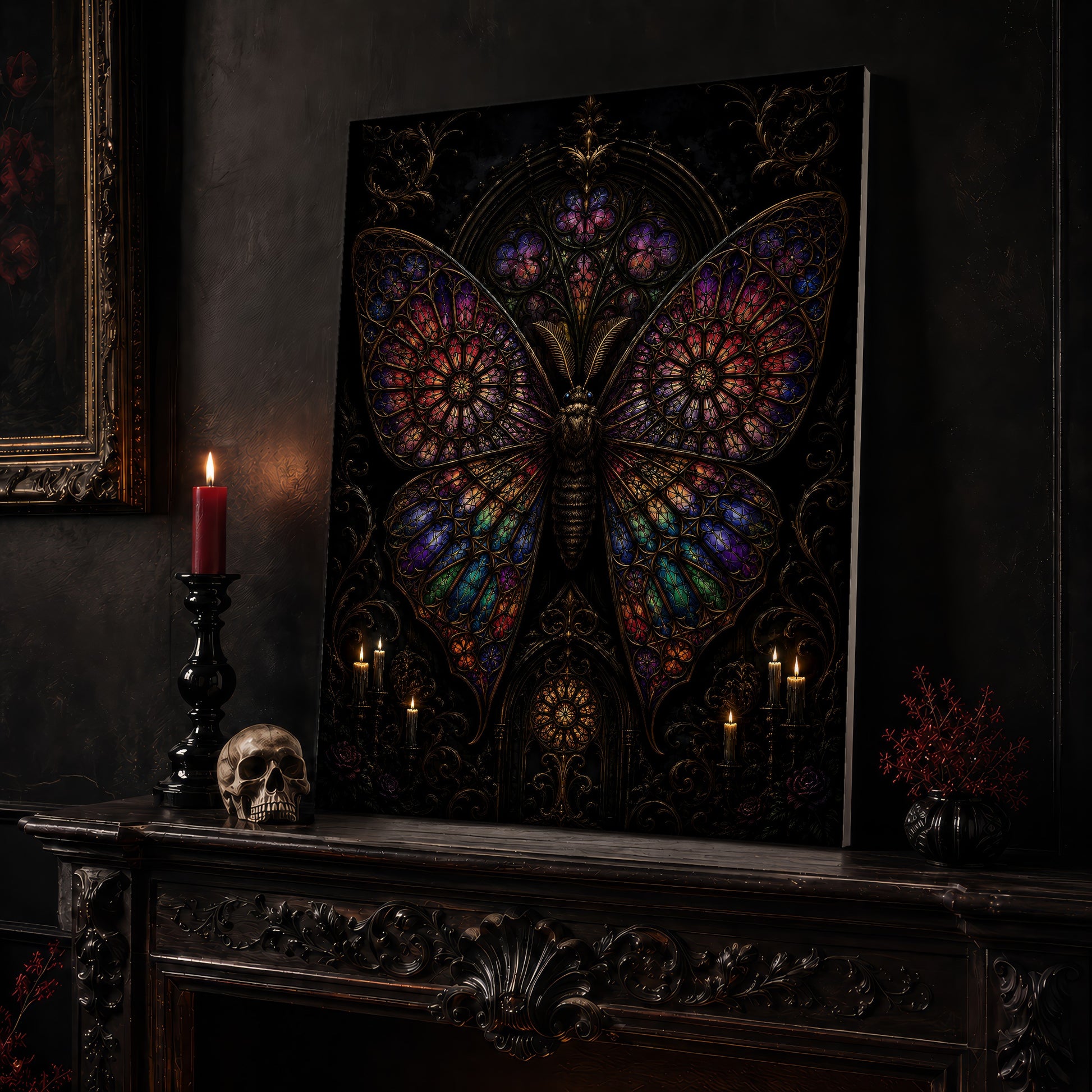 Vitrarium moth canvas leaning on a dark mantel beside a lit red pillar candle in a black candlestick and a bone-coloured skull, with a gilt-framed painting and a shelf of leather-bound books alongside.