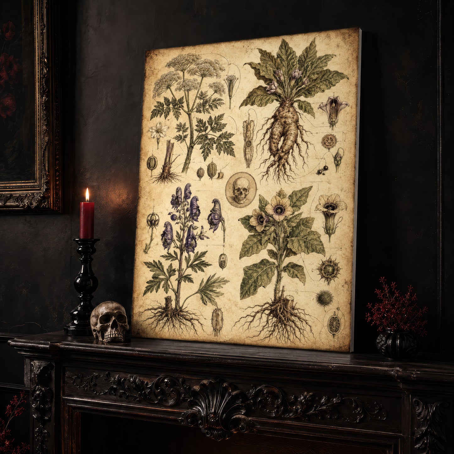 Poison Garden chart canvas leaning on a dark carved mantel beside a lit dark red taper in a black candlestick, a bone-coloured skull, and a small black vase of red berry sprigs, with a gilt-framed painting on the wall alongside.