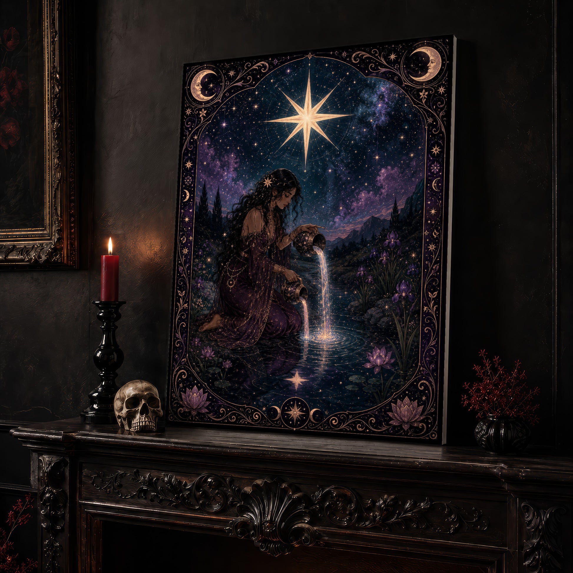 Nocturne Tarot: The Star canvas leaning on a dark carved mantel beside a lit dark red taper in a black candlestick, a bone-coloured skull, and a small black vase of red berry sprigs, with a gilt-framed painting on the wall alongside.