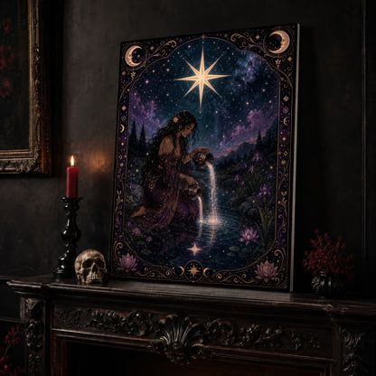 Nocturne Tarot: The Star canvas leaning on a dark carved mantel beside a lit dark red taper in a black candlestick, a bone-coloured skull, and a small black vase of red berry sprigs, with a gilt-framed painting on the wall alongside.