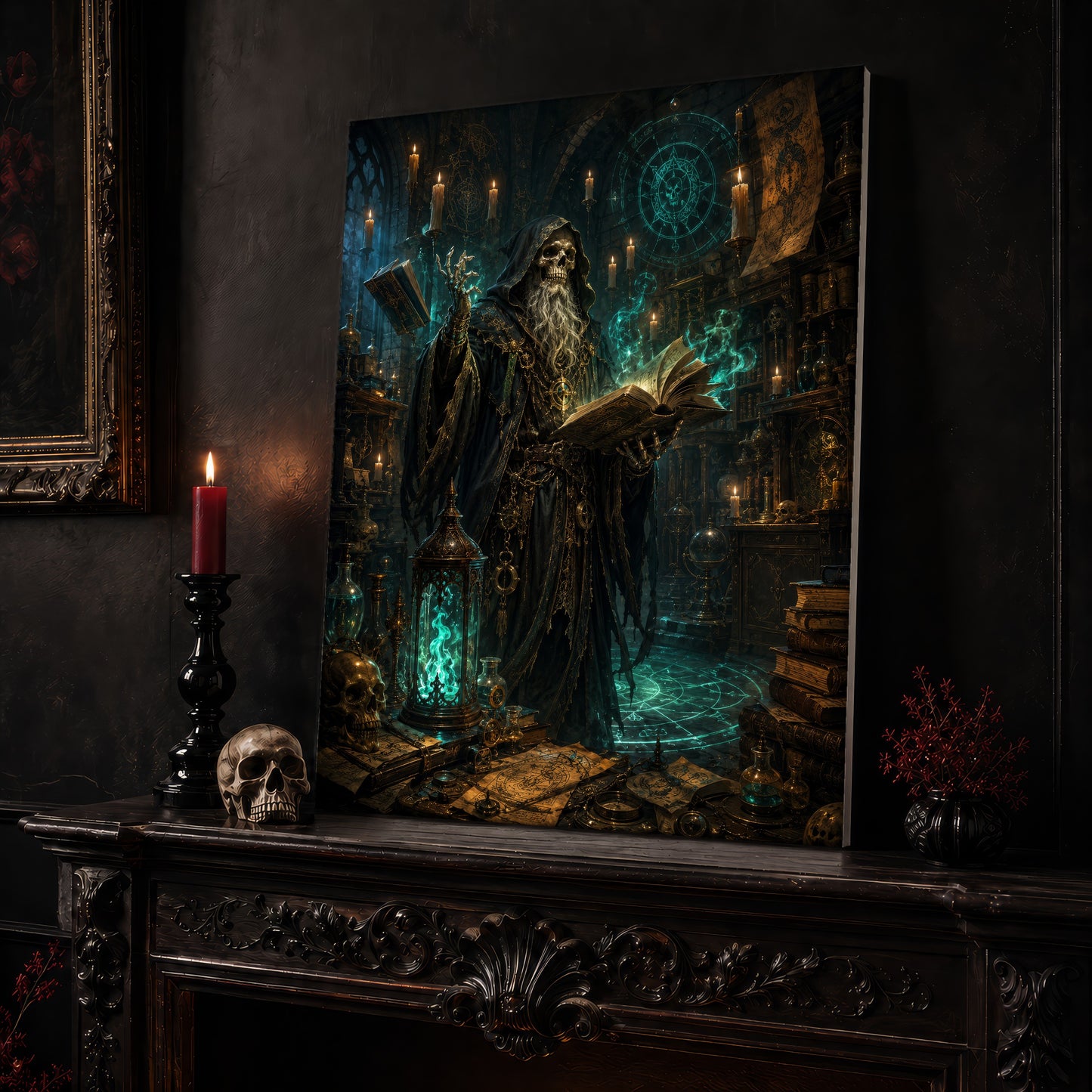 The Hollow Archivist canvas leaning on a dark carved mantel beside a lit red pillar candle in a black candlestick, a bone-coloured skull, and a small black vase of red berry sprigs, with a gilt-framed painting on the wall alongside.
