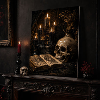 The Black Hours still life canvas leaning on a dark carved mantel beside a lit dark red taper in a black candlestick, a bone-coloured skull, and a small black vase of red berry sprigs, with a gilt-framed painting on the wall alongside.