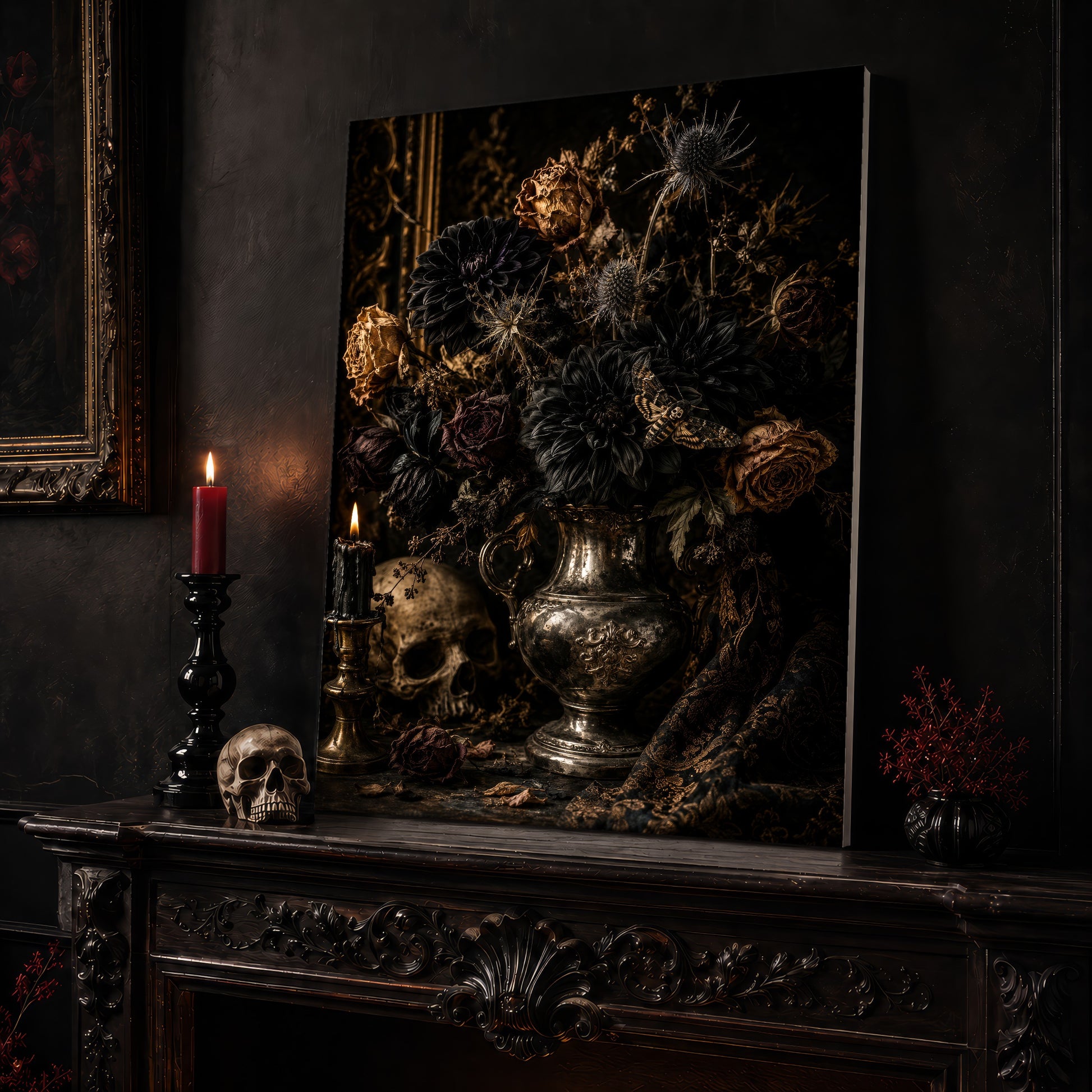 Threnody still life canvas leaning on a dark carved mantel beside a lit dark red taper in a black candlestick, a bone-coloured skull, and a small black vase of red berry sprigs, with a gilt-framed painting on the wall alongside.