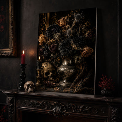 Threnody still life canvas leaning on a dark carved mantel beside a lit dark red taper in a black candlestick, a bone-coloured skull, and a small black vase of red berry sprigs, with a gilt-framed painting on the wall alongside.