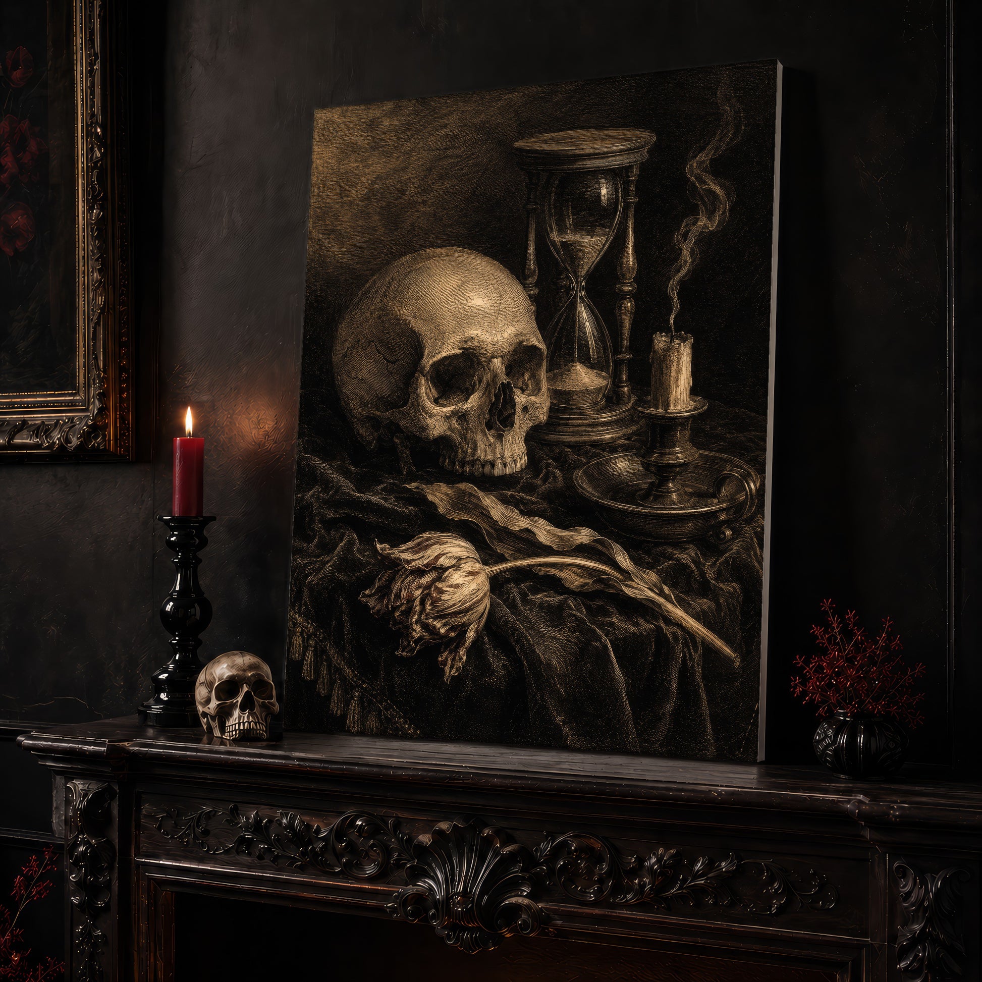 Compline canvas leaning on a dark carved mantel beside a lit dark red taper in a black candlestick, a small black vase of red berry sprigs, and a gilt-framed painting on the wall alongside.
