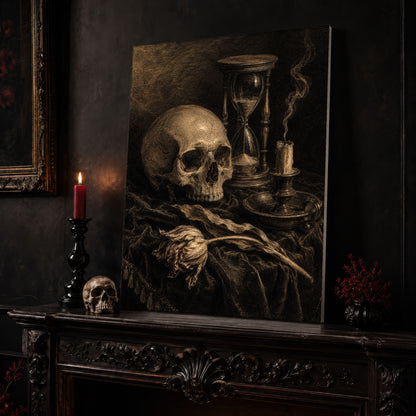 Compline canvas leaning on a dark carved mantel beside a lit dark red taper in a black candlestick, a small black vase of red berry sprigs, and a gilt-framed painting on the wall alongside.