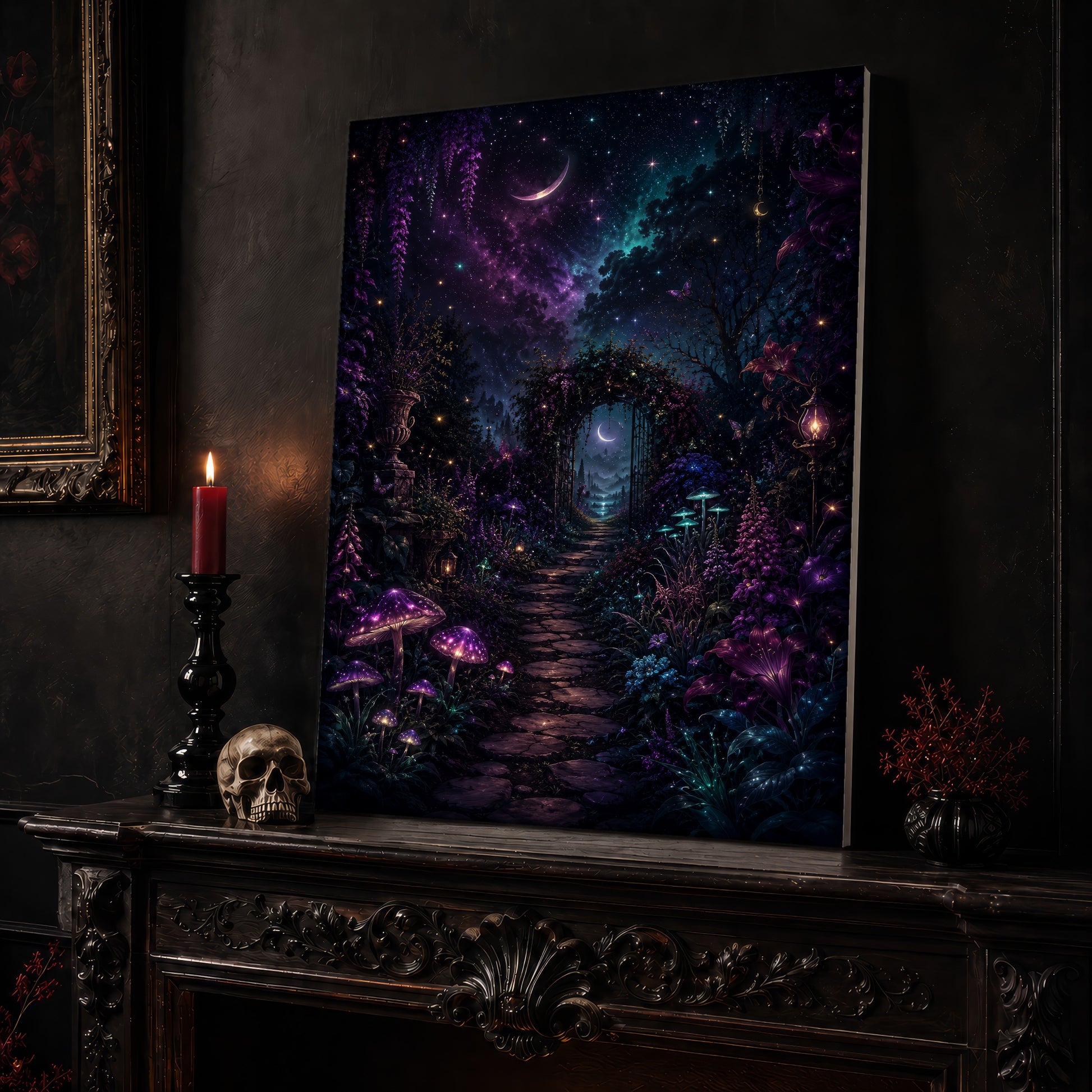 The Midnight Garden canvas leaning on a dark carved mantel beside a lit dark red taper in a black candlestick, a bone-coloured skull, and a small black vase of red berry sprigs, with a gilt-framed painting on the wall alongside.