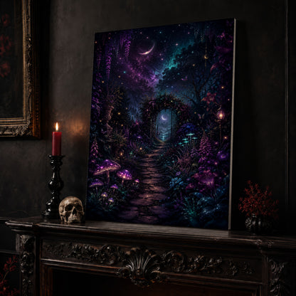 The Midnight Garden canvas leaning on a dark carved mantel beside a lit dark red taper in a black candlestick, a bone-coloured skull, and a small black vase of red berry sprigs, with a gilt-framed painting on the wall alongside.