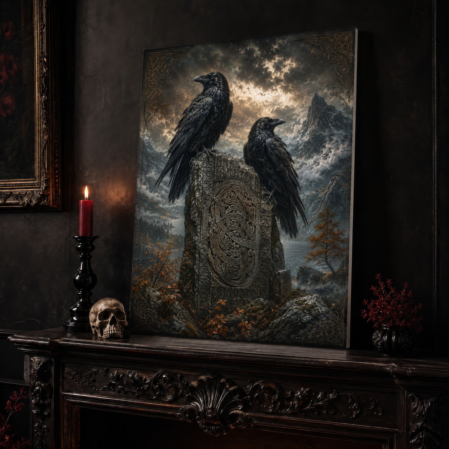The Watchstone canvas leaning on a dark carved mantel beside a lit dark red taper in a black candlestick, a bone-coloured skull, and a small black vase of red berry sprigs, with a gilt-framed painting on the wall alongside.