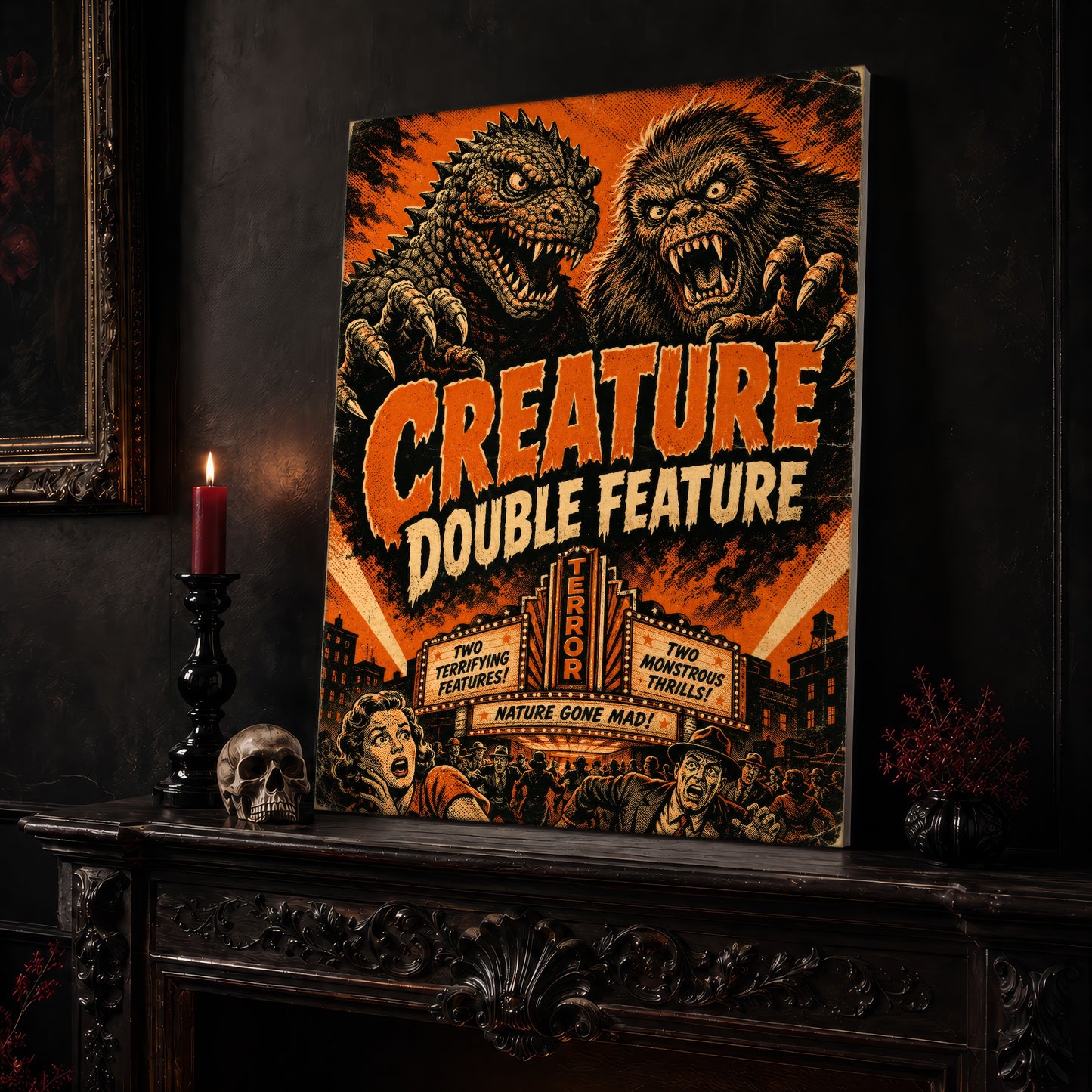 Marquee Mayhem retro poster leaning on a dark carved mantel beside a lit dark red taper in a black candlestick, a bone-coloured skull, and a small black vase of red berry sprigs, with a gilt-framed painting on the wall alongside.