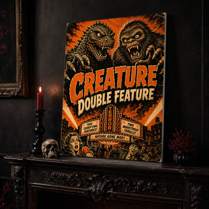 Marquee Mayhem retro poster leaning on a dark carved mantel beside a lit dark red taper in a black candlestick, a bone-coloured skull, and a small black vase of red berry sprigs, with a gilt-framed painting on the wall alongside.