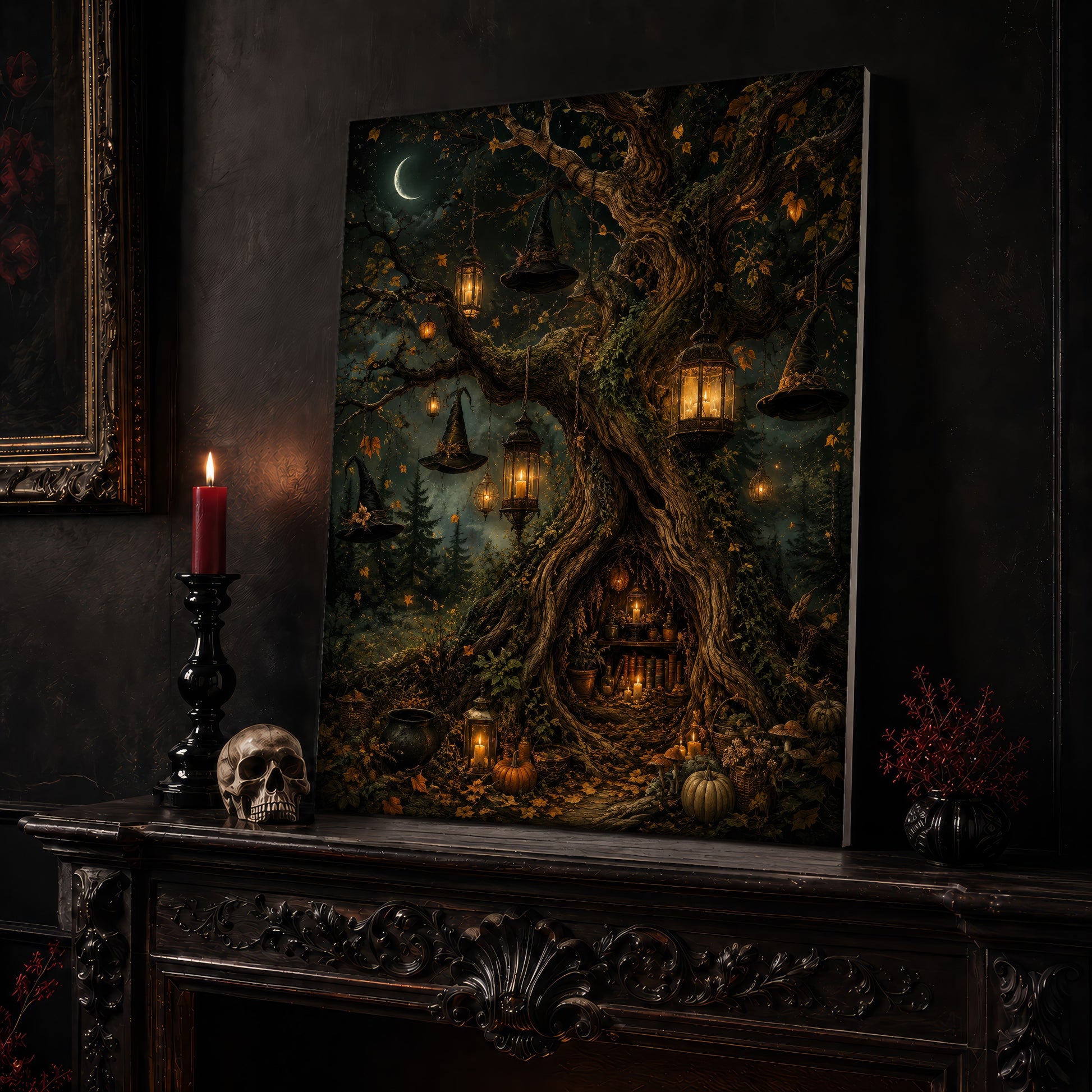 Ember Hollow ancient oak canvas leaning on a dark carved mantel beside a lit dark red taper in a black candlestick and a bone-coloured skull, with a gilt-framed painting on the wall alongside.