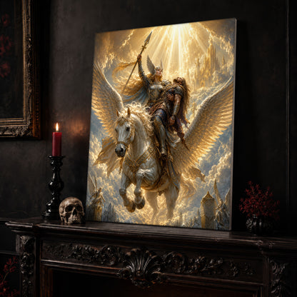 Valkyrie canvas leaning on a dark carved mantel beside a lit dark red taper in a black candlestick, a bone-coloured skull, and a small black vase of red berry sprigs, with a gilt-framed painting on the wall alongside.