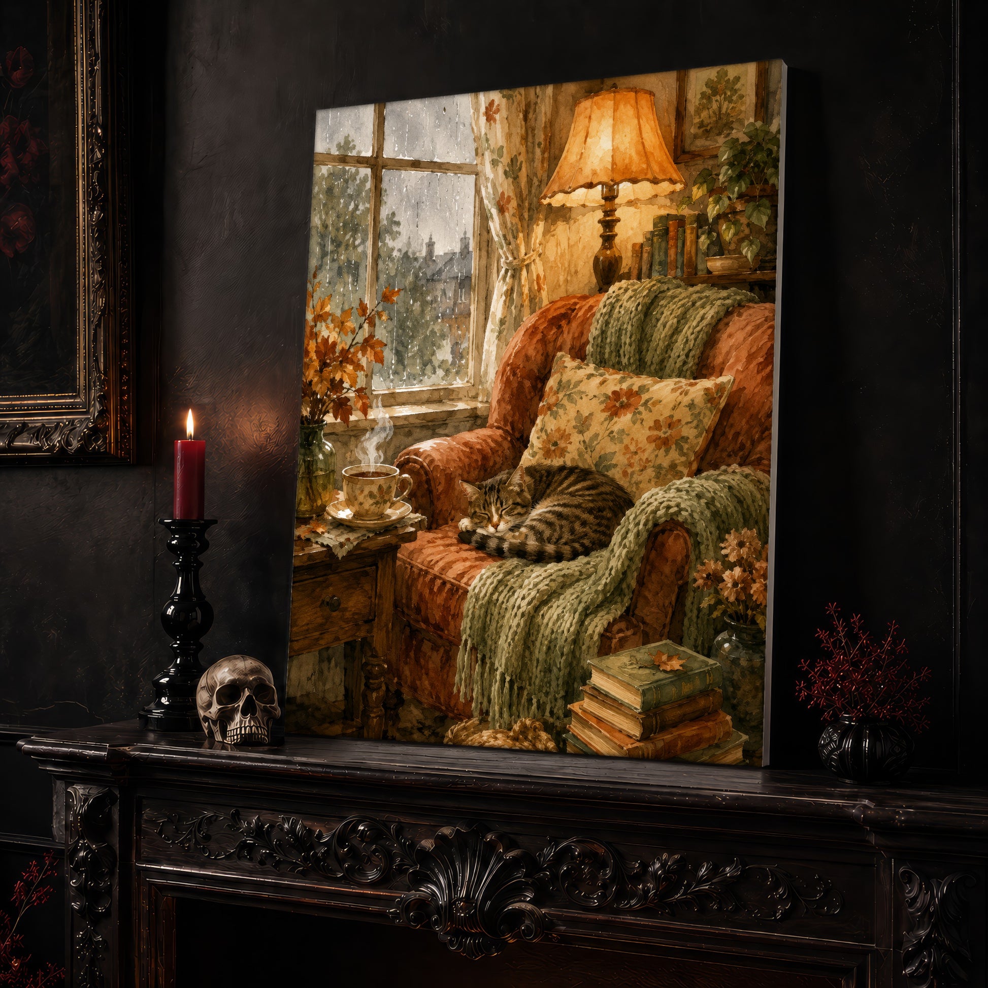 Tabby's Teatime Nap canvas leaning on a dark mantel beside a lit candle and a human skull, in a deep oxblood room with a carved bookshelf and a framed portrait nearby.