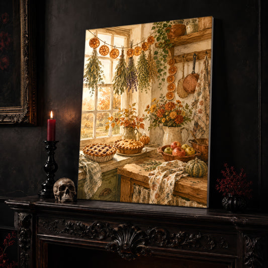 The Baker's Windowsill canvas leaning on a dark carved mantel beside a lit dark red taper in a black candlestick, a bone-colored skull, and a small black vase of red berry sprigs, with a gilt-framed painting on the wall alongside.