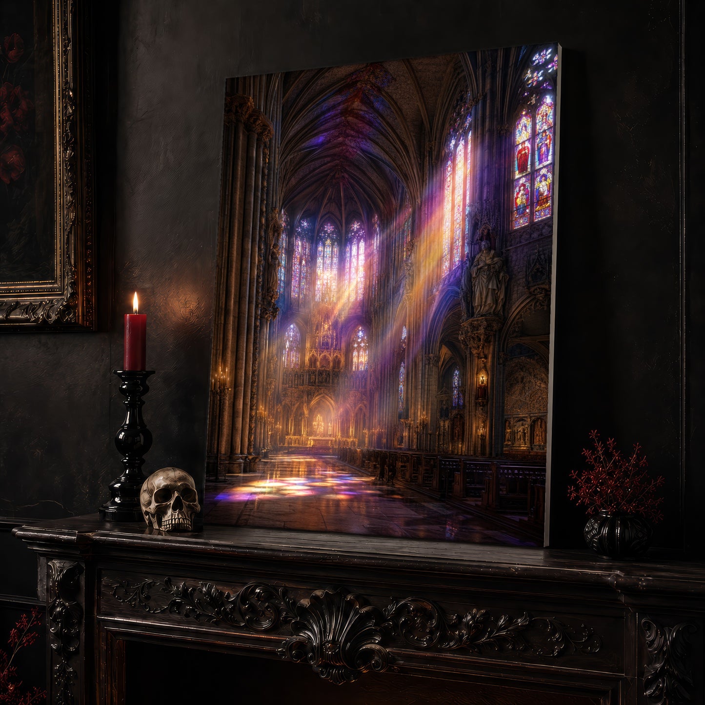  Gloria cathedral canvas leaning on a dark carved mantel beside a lit dark red taper in a black candlestick, a bone-coloured skull, and a small black vase of red berry sprigs, with a gilt-framed painting on the wall alongside.