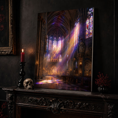  Gloria cathedral canvas leaning on a dark carved mantel beside a lit dark red taper in a black candlestick, a bone-coloured skull, and a small black vase of red berry sprigs, with a gilt-framed painting on the wall alongside.