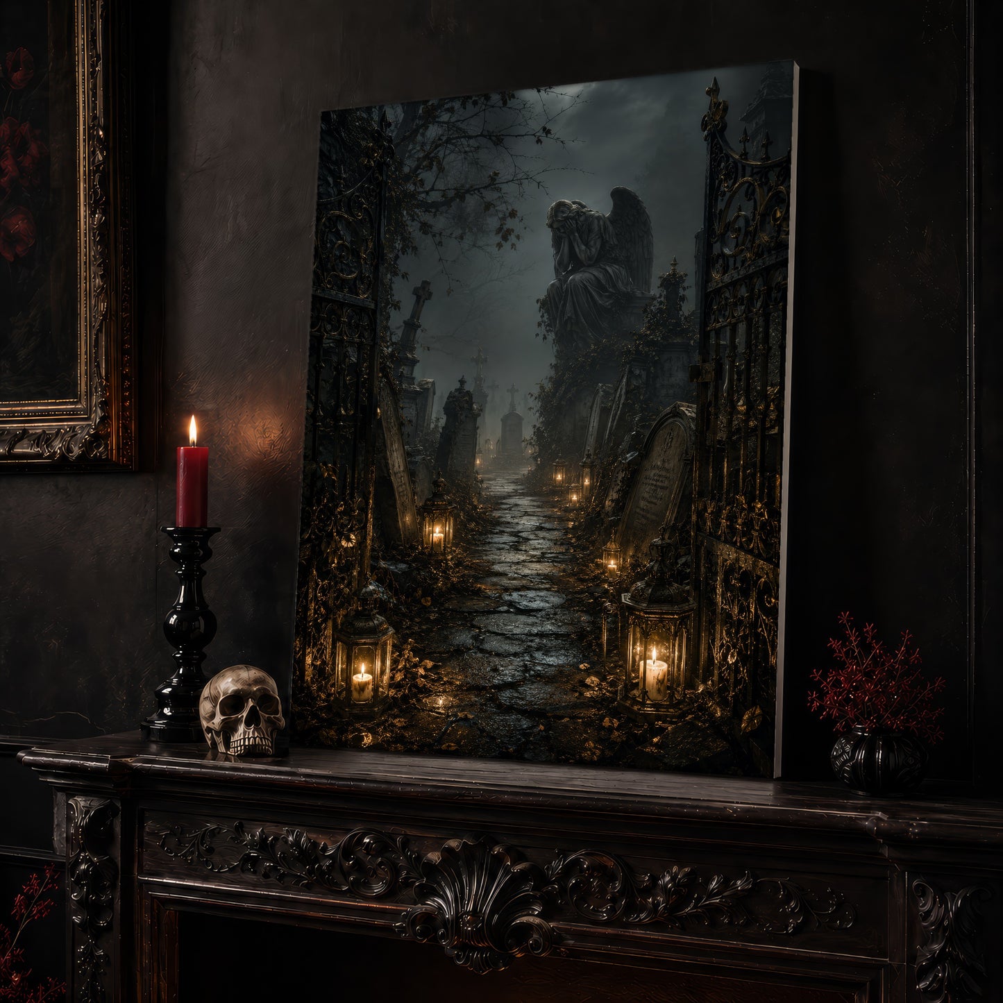 The Lychgate cemetery canvas leaning on a dark carved mantel beside a lit dark red taper in a black candlestick, a bone-coloured skull, and a small black vase of red berry sprigs, with a gilt-framed painting on the wall alongside.