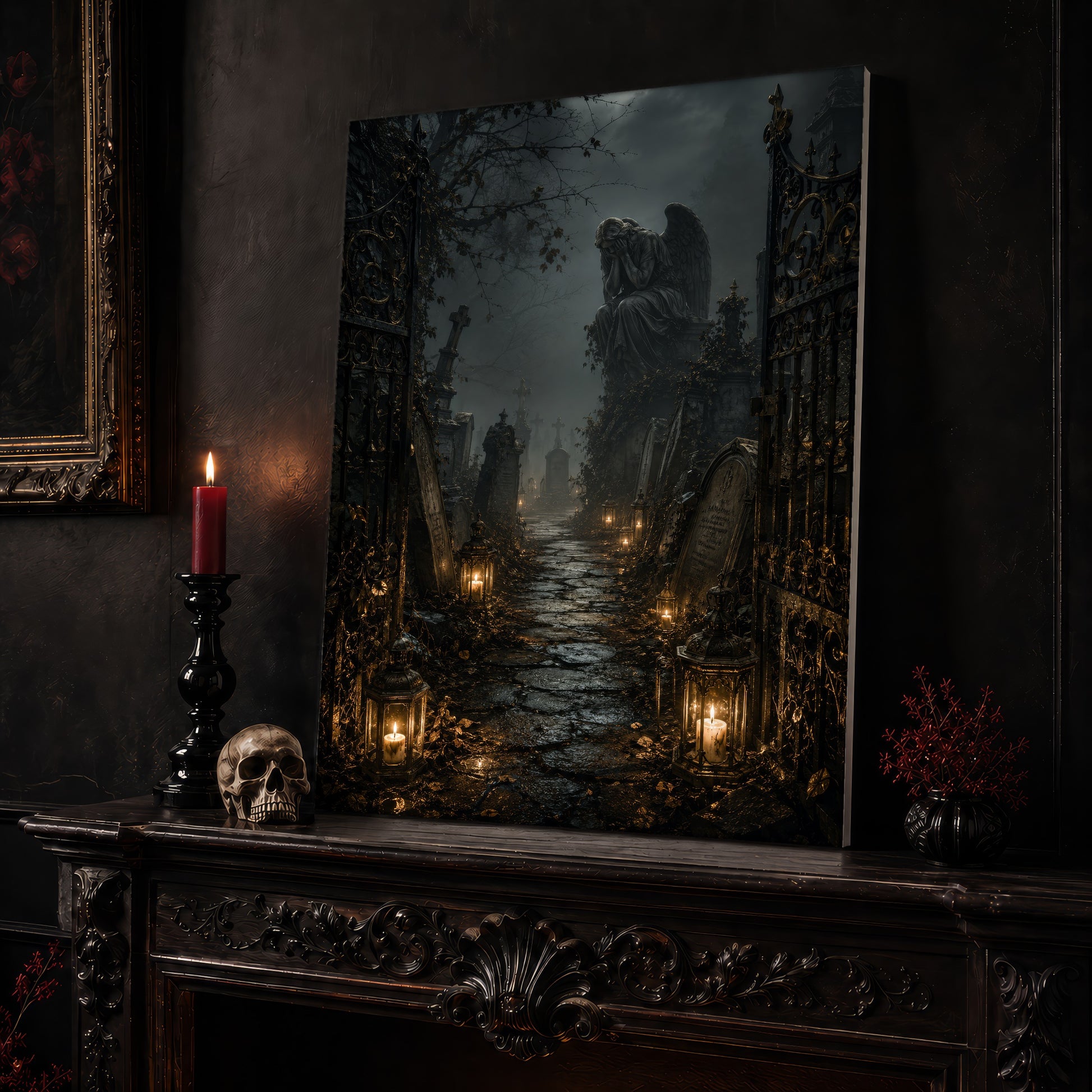 The Lychgate cemetery canvas leaning on a dark carved mantel beside a lit dark red taper in a black candlestick, a bone-coloured skull, and a small black vase of red berry sprigs, with a gilt-framed painting on the wall alongside.