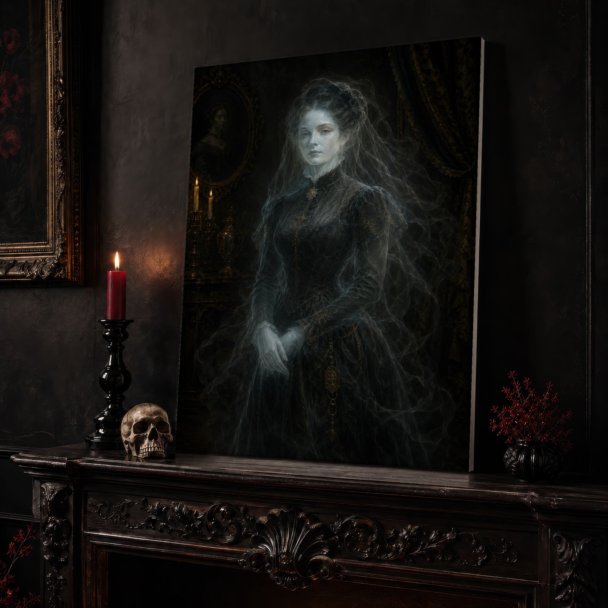 The Grey Lady portrait canvas leaning on a dark carved mantel beside a lit dark red taper in a black candlestick, a bone-coloured skull, and a small black vase of red berry sprigs, with a gilt-framed painting on the wall alongside.