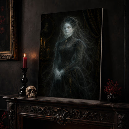 The Grey Lady portrait canvas leaning on a dark carved mantel beside a lit dark red taper in a black candlestick, a bone-coloured skull, and a small black vase of red berry sprigs, with a gilt-framed painting on the wall alongside.