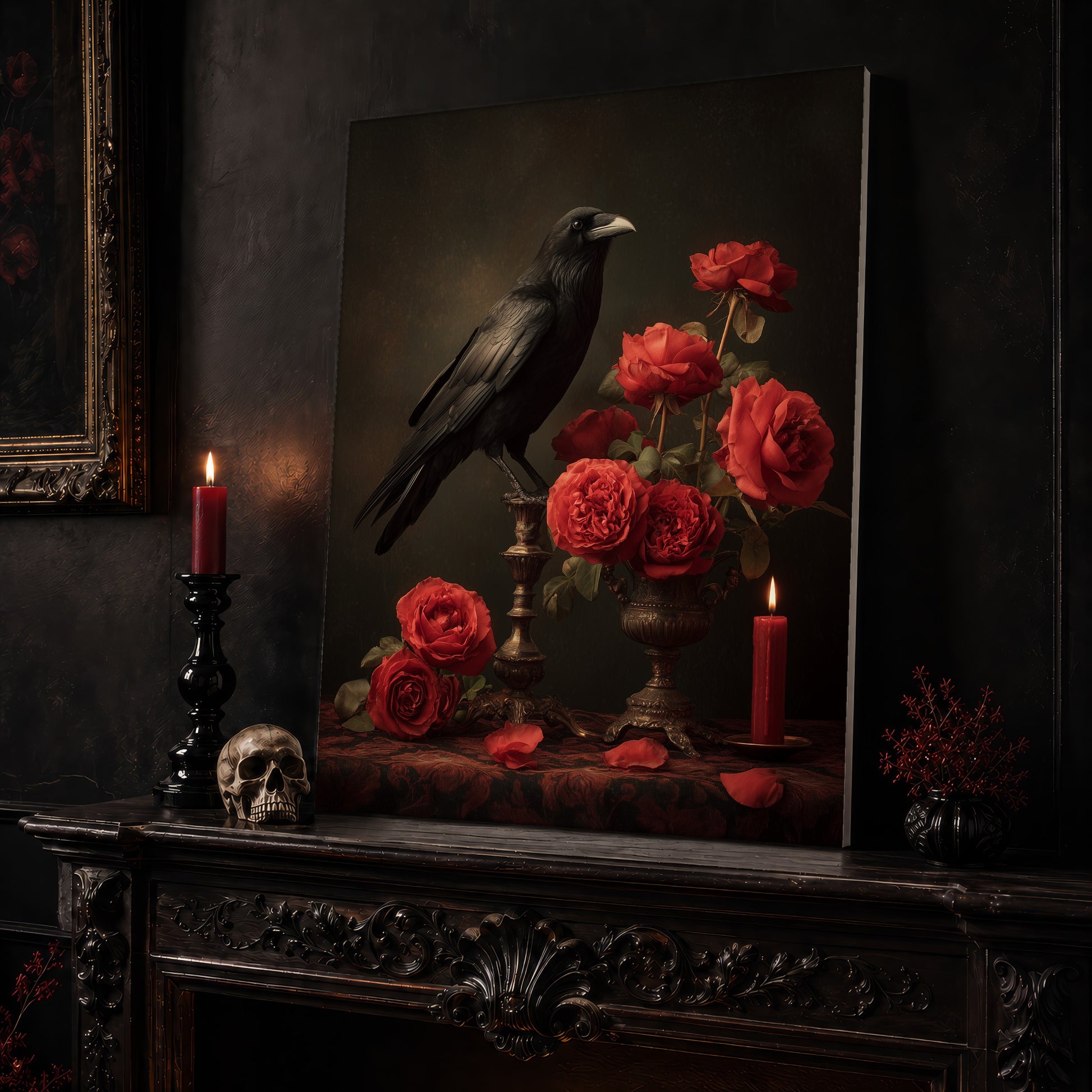 Vermilion rose canvas leaning on a dark carved mantel beside a lit dark red taper in a black candlestick, a bone-coloured skull, and a small black vase of red berry sprigs, with a gilt-framed painting on the wall alongside.