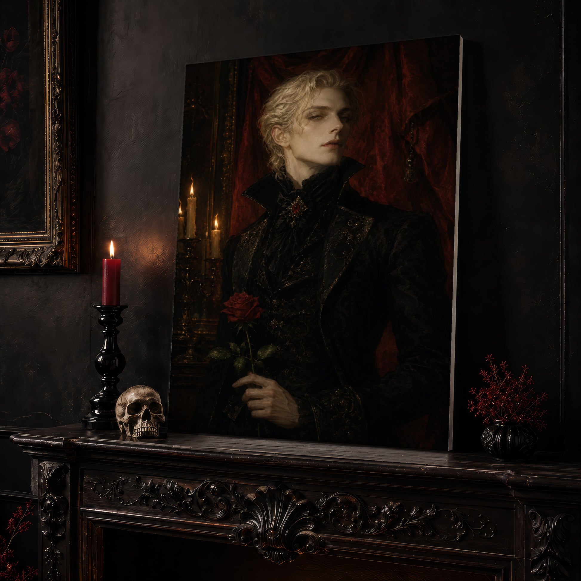 The Aesthete portrait canvas leaning on a dark carved mantel beside a lit dark red taper in a black candlestick, a bone-coloured skull, and a small black vase of red berry sprigs, with a gilt-framed painting on the wall alongside.