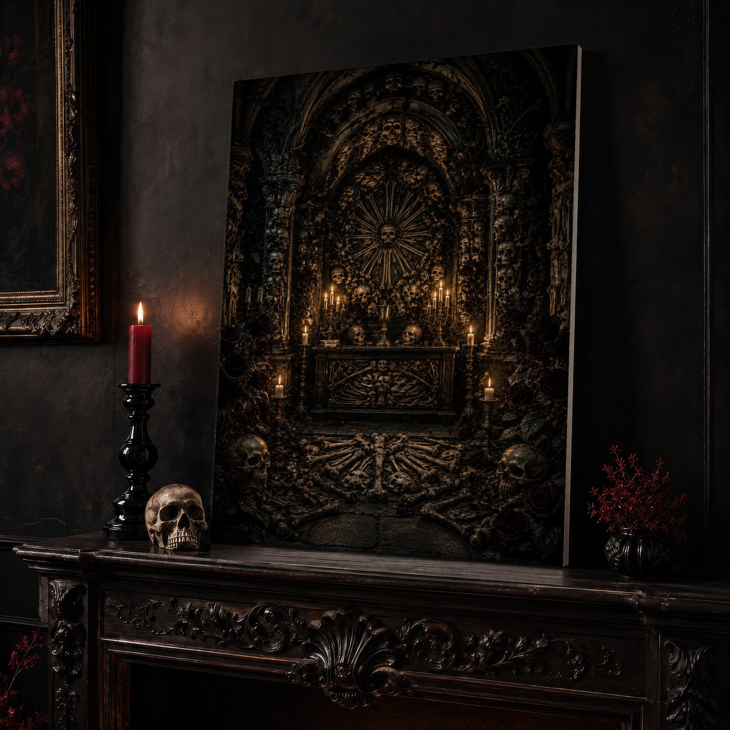 Charnel ossuary canvas leaning on a dark carved mantel beside a lit dark red taper in a black candlestick, a bone-coloured skull, and a small black vase of red berry sprigs, with a gilt-framed painting on the wall alongside.