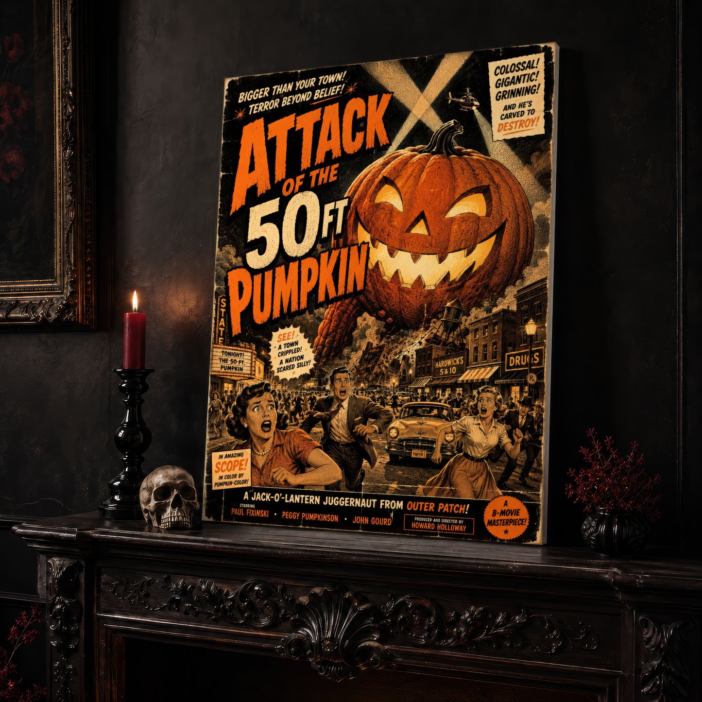 The Pumpkin That Ate Main Street poster leaning on a dark carved mantel beside a lit dark red taper in a black candlestick, a bone-coloured skull, and a small black vase of red berry sprigs, with a gilt-framed painting on the wall alongside.