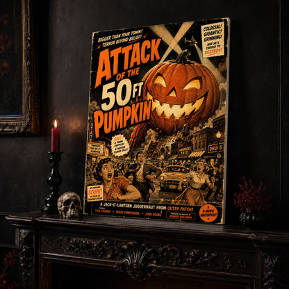 The Pumpkin That Ate Main Street poster leaning on a dark carved mantel beside a lit dark red taper in a black candlestick, a bone-coloured skull, and a small black vase of red berry sprigs, with a gilt-framed painting on the wall alongside.