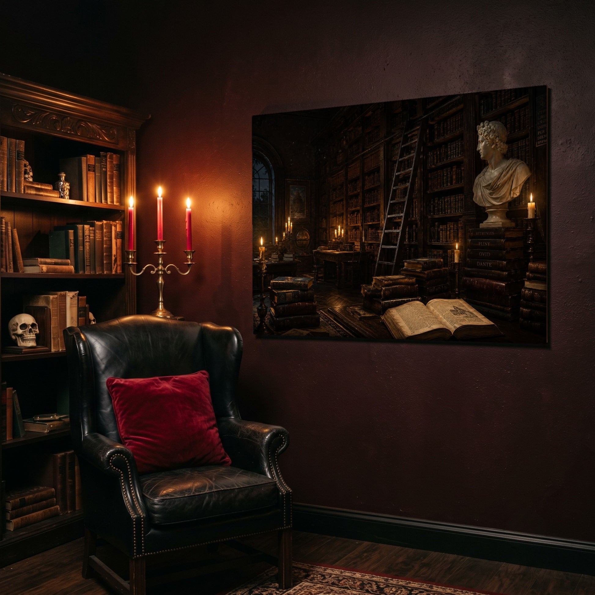 The Small Hours landscape canvas hanging on a deep oxblood wall in a reading nook, beside a black leather wingback chair with a red velvet cushion, a brass candelabra of lit pink tapers, and a carved bookcase of antique books topped with a human skull.