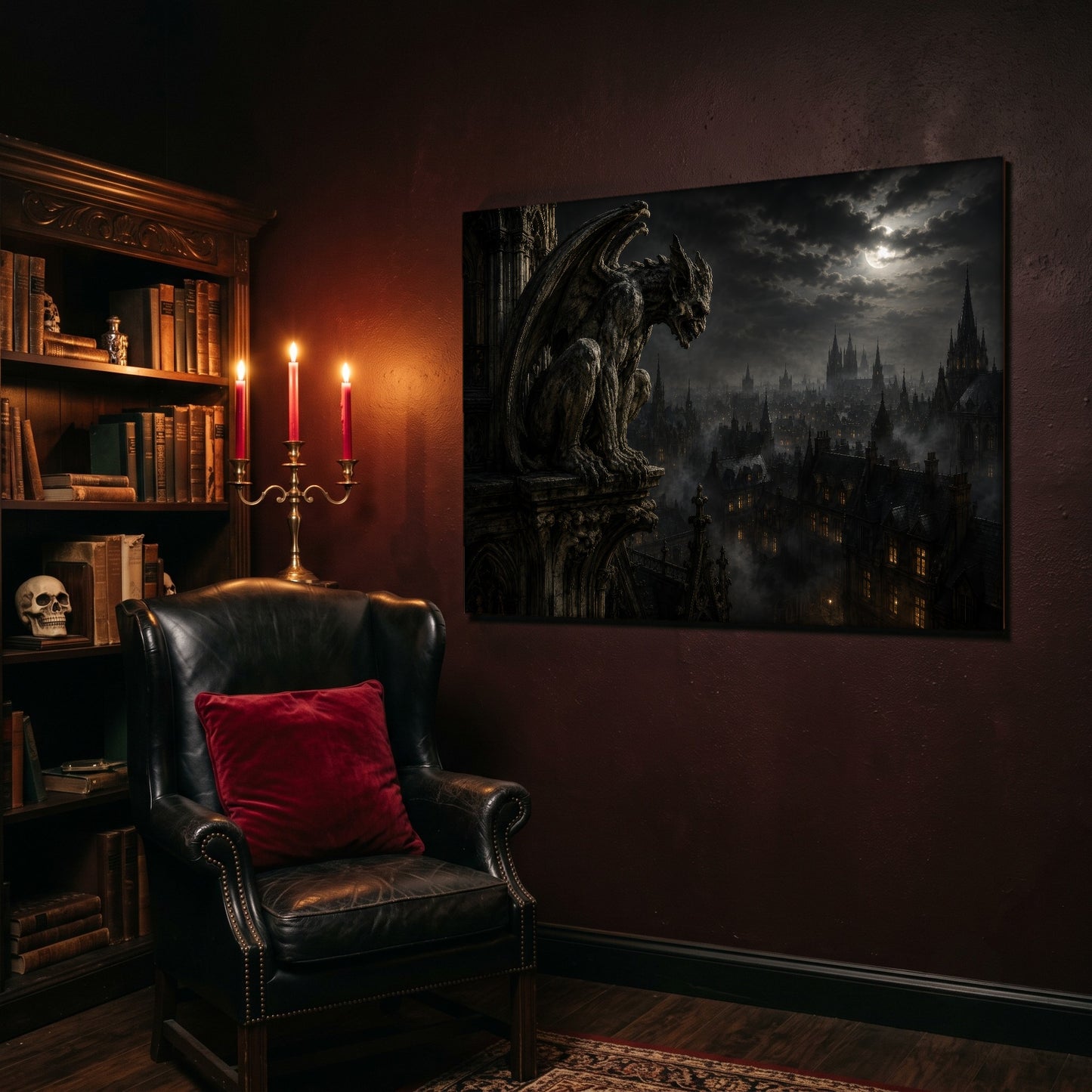Nightwatch landscape canvas hanging on a deep oxblood wall in a reading nook, beside a black leather wingback chair with a red velvet cushion, a brass candelabra of lit pink tapers, and a carved bookcase of antique books topped with a human skull.