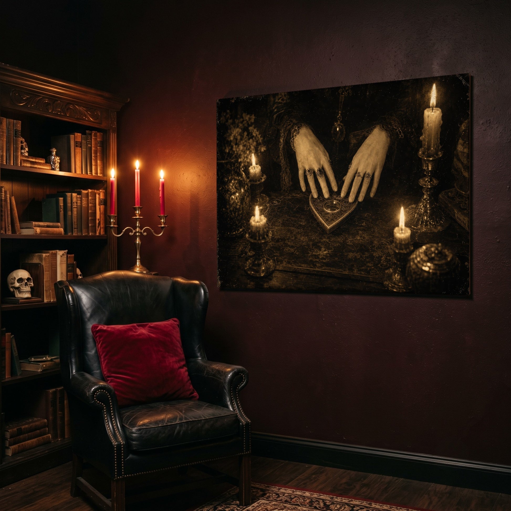 Midnight Communion canvas hanging on a dark plum wall beside a tall bookcase filled with antique books and a human skull, above a black leather wingback chair with a red velvet cushion, lit by a brass candelabra holding three red tapers.