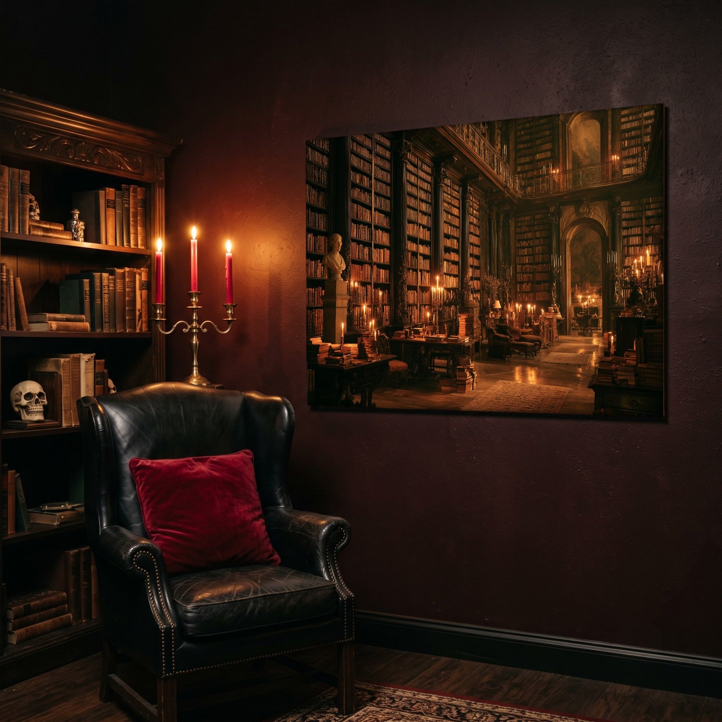 The Long Gallery landscape canvas hanging on a deep oxblood wall in a reading nook, beside a black leather wingback chair with a red velvet cushion, a brass candelabra of lit pink tapers, and a carved bookcase of antique books topped with a human skull.