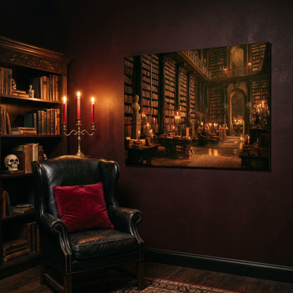 The Long Gallery landscape canvas hanging on a deep oxblood wall in a reading nook, beside a black leather wingback chair with a red velvet cushion, a brass candelabra of lit pink tapers, and a carved bookcase of antique books topped with a human skull.
