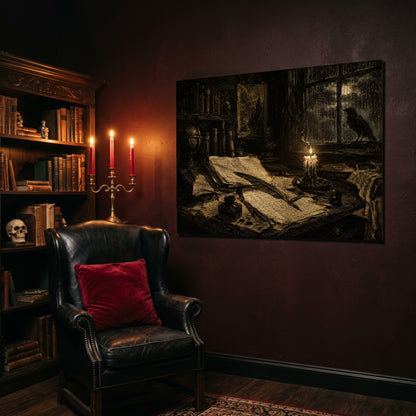 The Unfinished Letter canvas hanging on a deep oxblood wall in a reading nook, above a black leather wingback chair with a red velvet cushion, beside a carved bookcase holding antique books and a skull, and a brass candelabra of lit tapers.