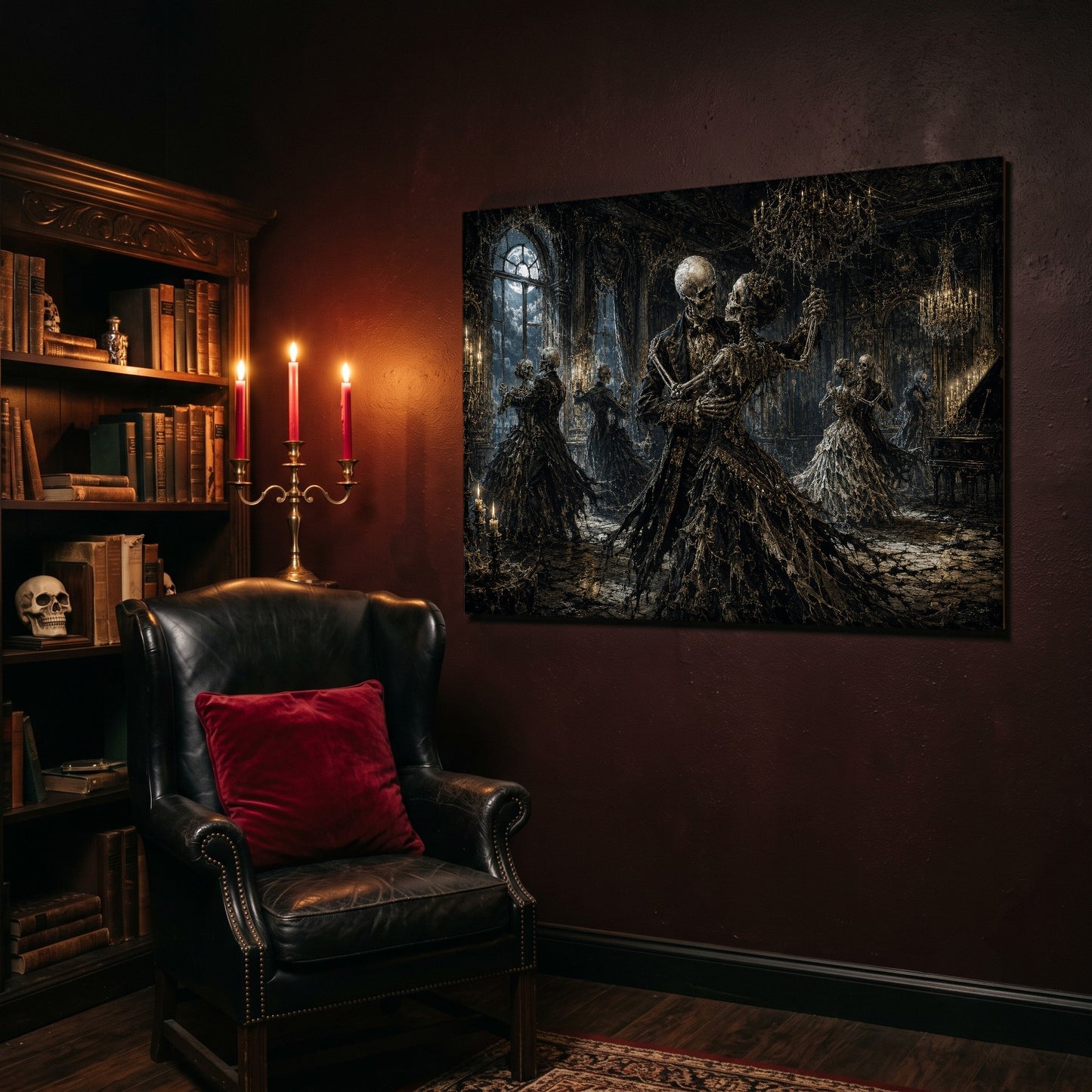 The Last Waltz landscape canvas hanging on a deep oxblood wall in a reading nook, beside a black leather wingback chair with a red velvet cushion, a brass candelabra of lit pink tapers, and a carved bookcase of antique books topped with a human skull.