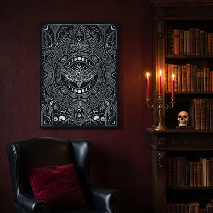 Vanitas gothic canvas hanging on a deep oxblood wall in a reading nook, above a black leather wingback chair with a red velvet cushion, beside a carved bookcase of antique books, a brass candelabra of lit red tapers and a human skull on the shelf.