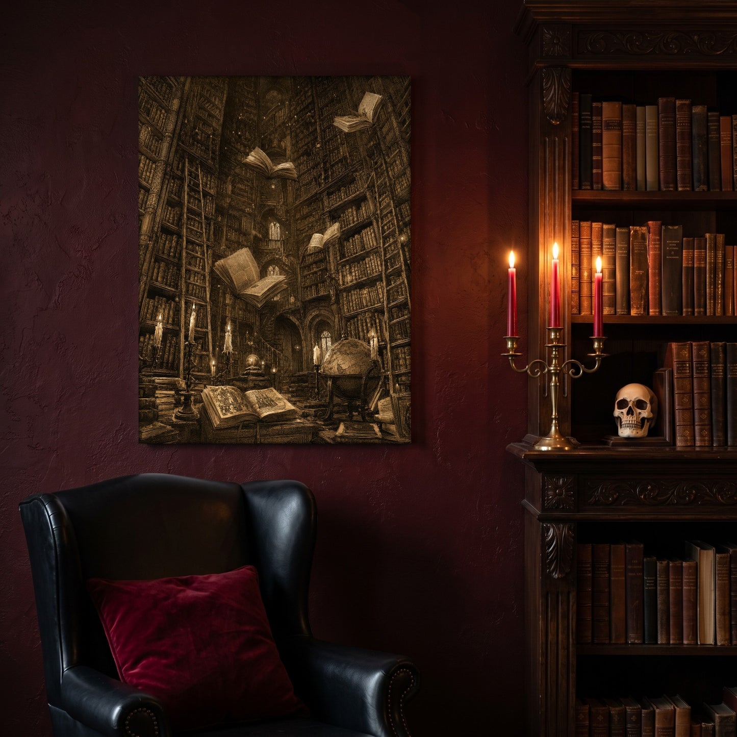 The Untethered Athenaeum canvas hanging on a deep oxblood wall in a reading nook, above a black leather wingback chair with a red velvet cushion, beside a carved bookcase of antique books, a brass candelabra of lit red tapers and a human skull on the shelf.
