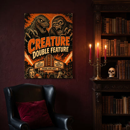Marquee Mayhem monster canvas hanging on a deep oxblood wall in a reading nook, above a black leather wingback chair with a red velvet cushion, beside a carved bookcase of antique books, a brass candelabra of lit red tapers and a human skull on the shelf.