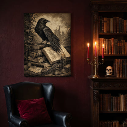 Muninn's Vigil canvas hanging on a deep oxblood wall in a book-lined nook, above a black leather wingback chair with a red velvet cushion, beside a carved bookcase of antique books, a brass candelabra of lit red tapers and a human skull on the shelf.