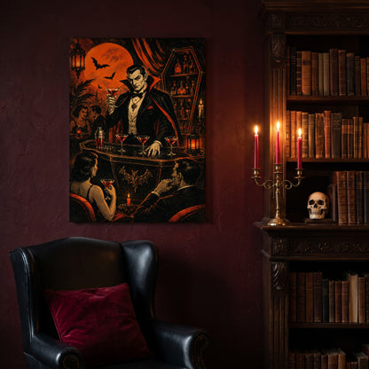 Shaken Not Staked vampire bar canvas hanging on a deep oxblood wall in a reading nook, above a black leather wingback chair with a red velvet cushion, beside a carved bookcase of antique books, a brass candelabra of lit red tapers and a human skull on the shelf.