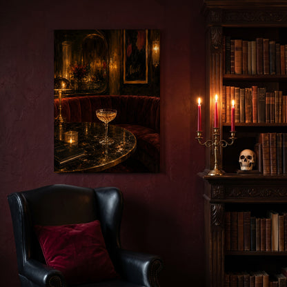 Nuit speakeasy canvas hanging on a deep oxblood wall in a reading nook, above a black leather wingback chair with a red velvet cushion, beside a carved bookcase of antique books, a brass candelabra of lit red tapers and a human skull on the shelf.